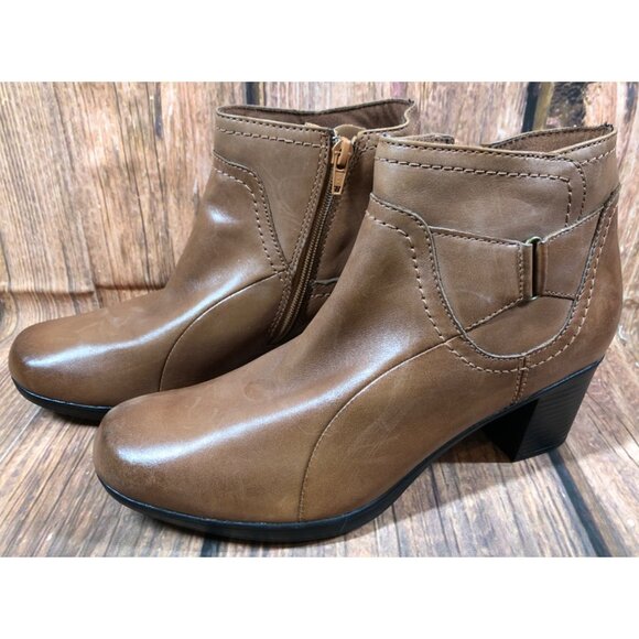 Clarks Brown Leather Block Heel Ankle Boots Side Zip Booties Womens 9 M (k7r) - Picture 1 of 10